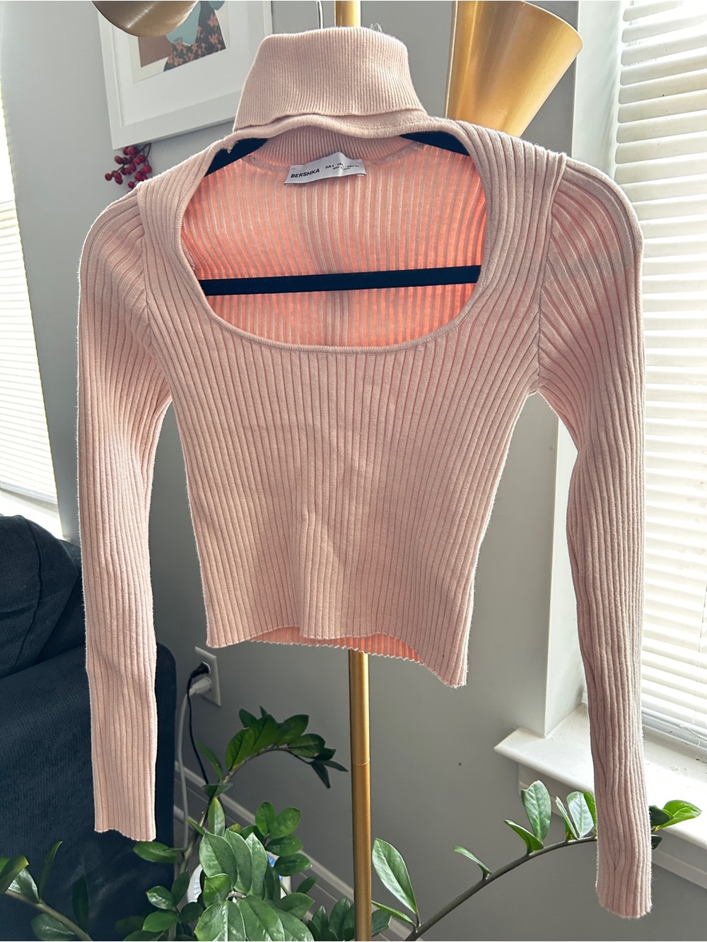 Bershka Ribbed Scoop Neck Long Sleeve Top - Blush Pink